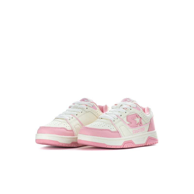 Pair of kids low-top sneakers in white and pink, side view, lace-up