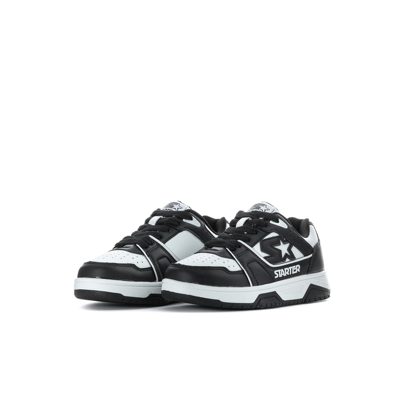 Pair of kids' black-and-white lace-up low-top sneakers with side star and stripe panels