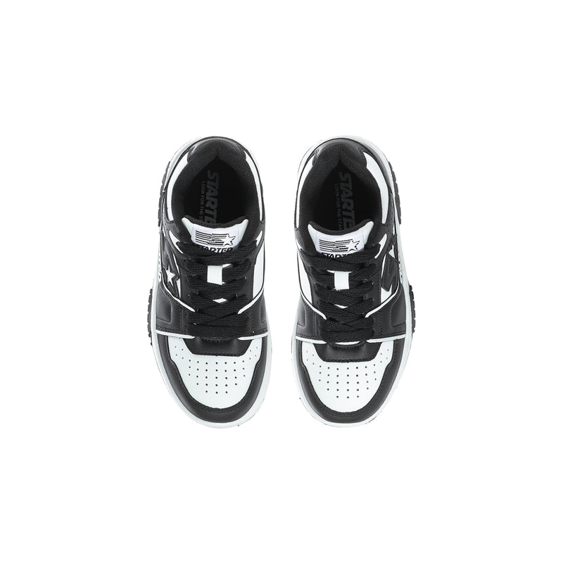 Kids' black-and-white low-top sneakers with perforated white toe panels and black lining