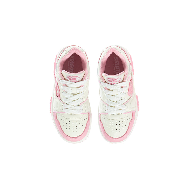 Kids low-top sneakers, front view; white uppers with pink accents and laces