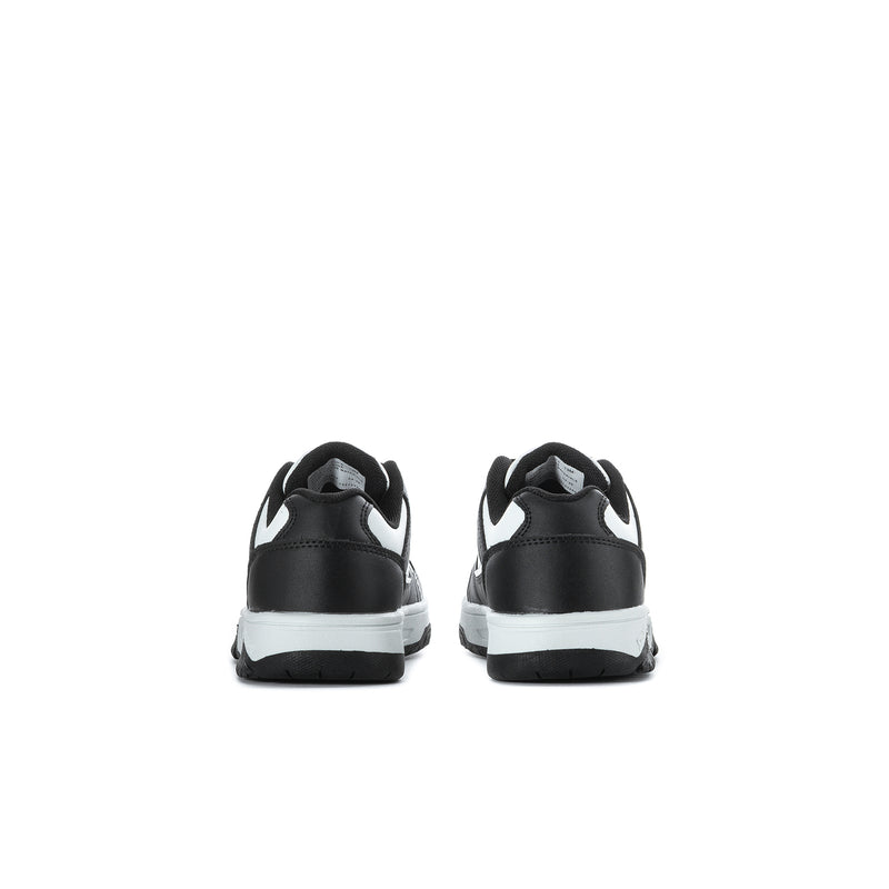 Kids' black-and-white low-top sneakers heel view with white midsole and star branding
