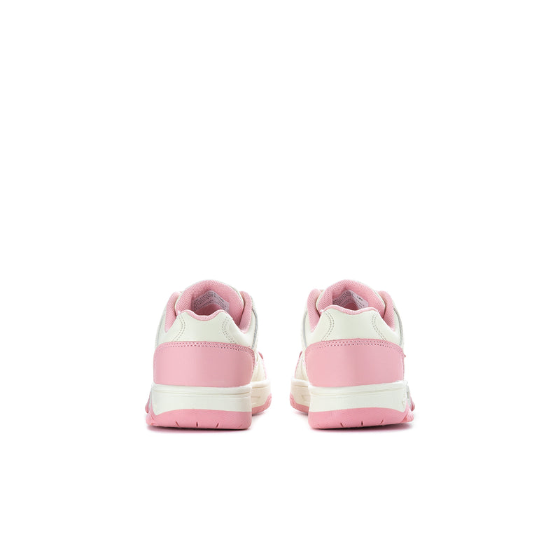 Kids low-top sneakers, back view; white and pink heel panels