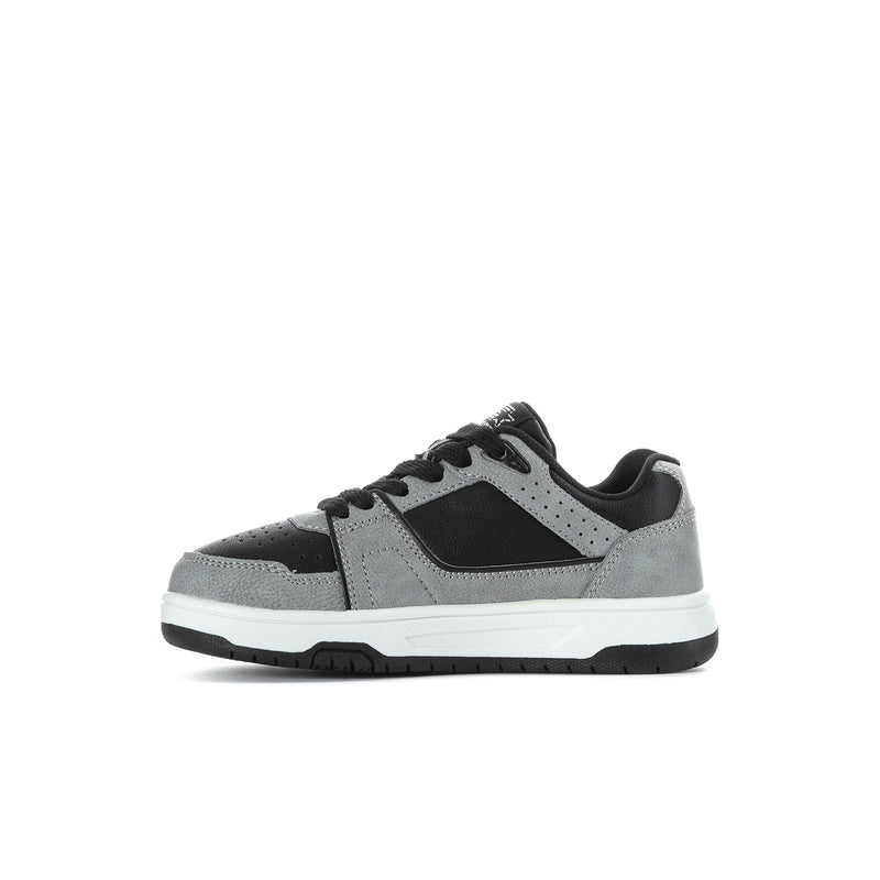 Kids lace-up low-top sneakers, black and gray uppers with white outsole trim