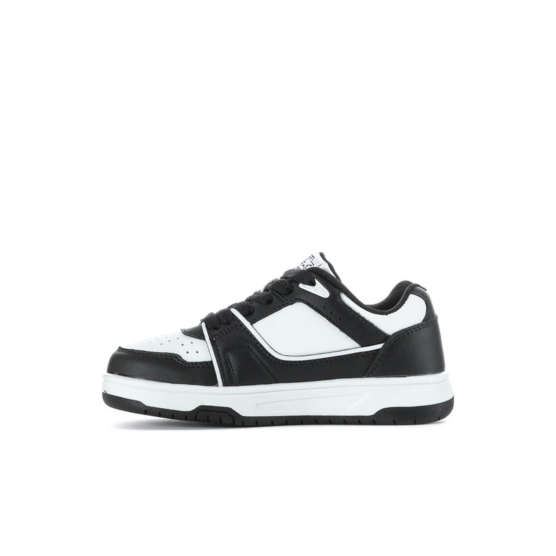 Kids' black-and-white low-top sneakers side view with star emblem and lace-up design