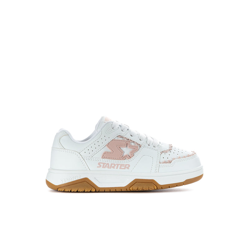 Kids lace-up low-top sneakers, white with blush accents and gum outsole.