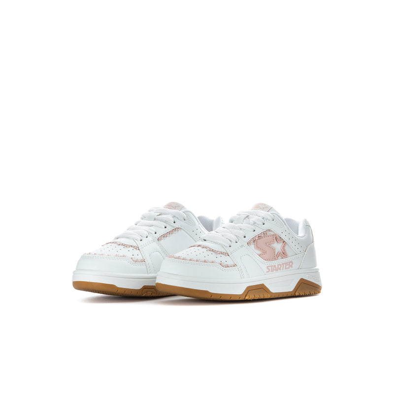 Kids lace-up low-top sneakers, white with blush side panels and gum sole.