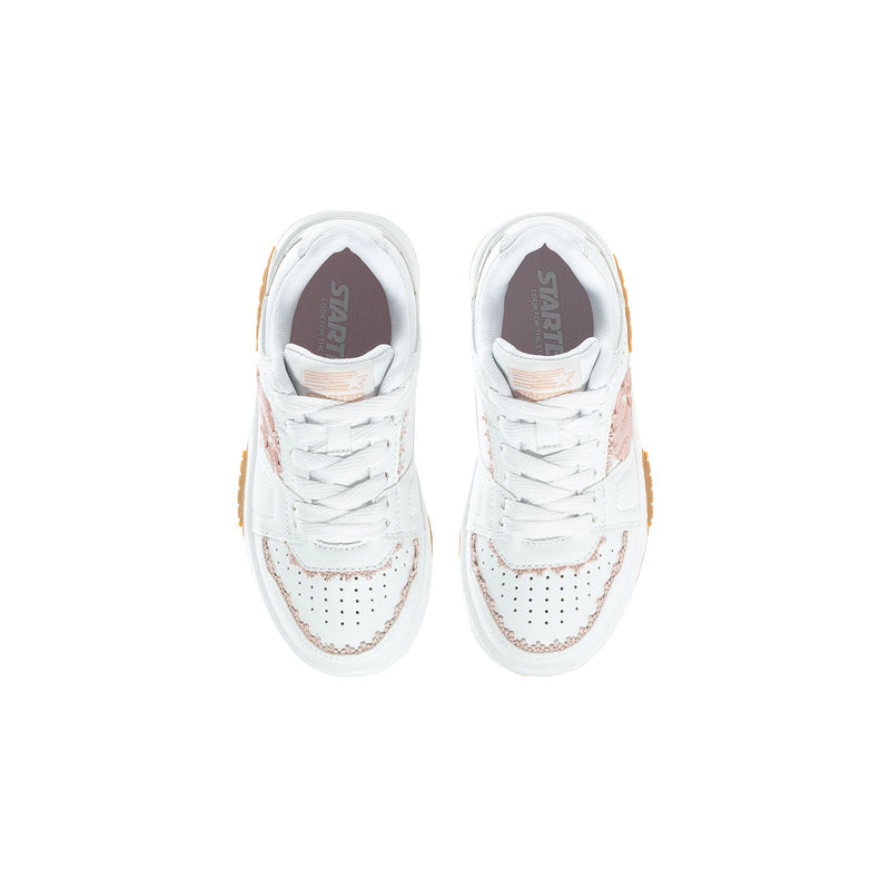 Kids lace-up low-top sneakers, white upper with blush accents and stitched toe.