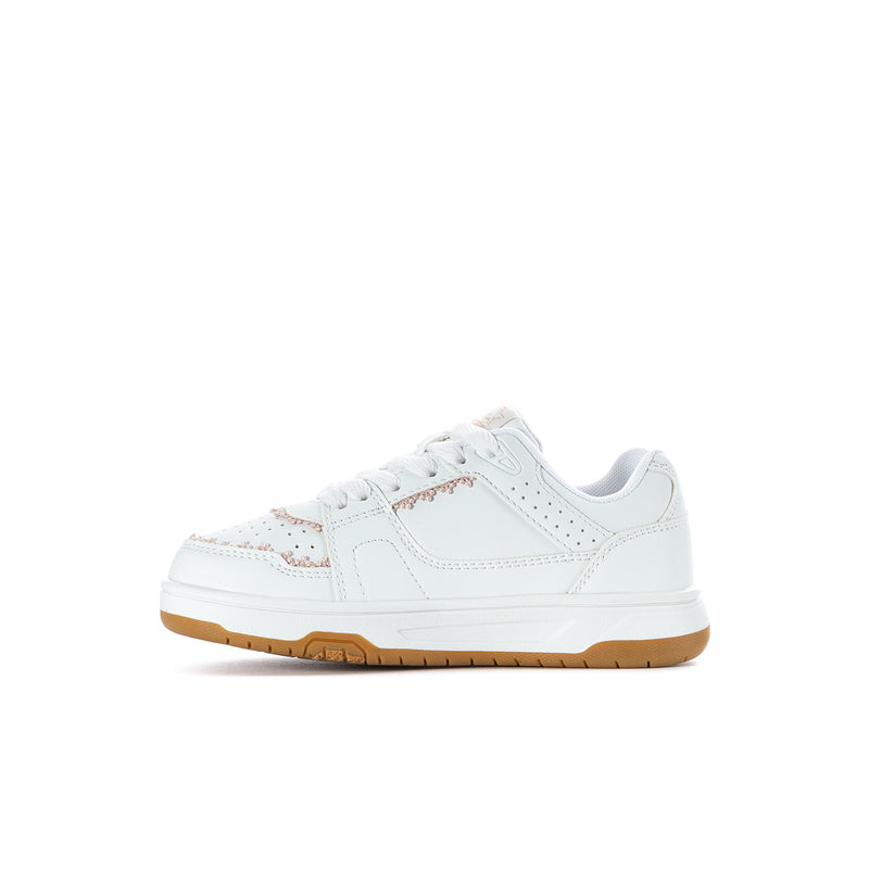 Kids lace-up low-top sneakers side view, white with blush details and gum sole.