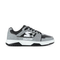 Men's grey and black low-top lace-up sneakers with star logo and white midsole