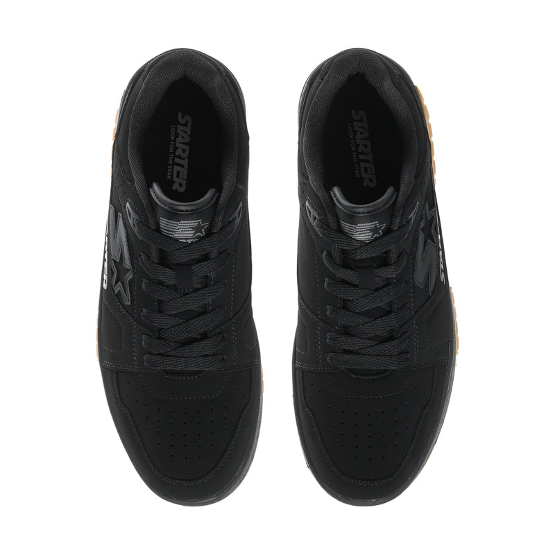 Men's black low-top sneakers showing tongue and lace area with cushioned collar