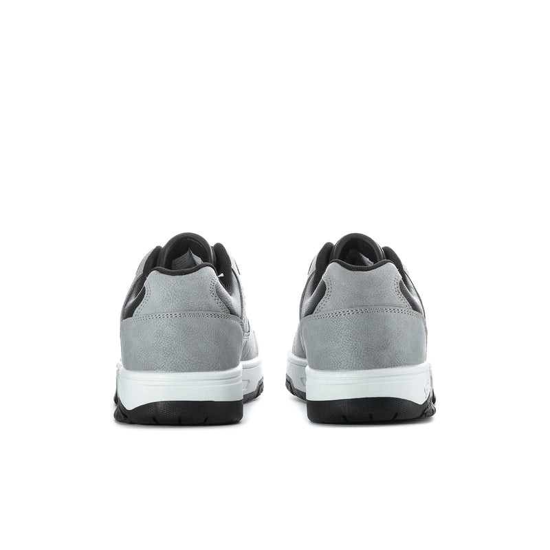 Men's grey low-top sneakers, rear view with black heel lining and white midsole