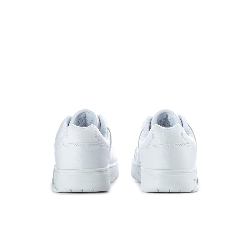 Men's white low-top sneakers back view with heel tab and cushioned collar