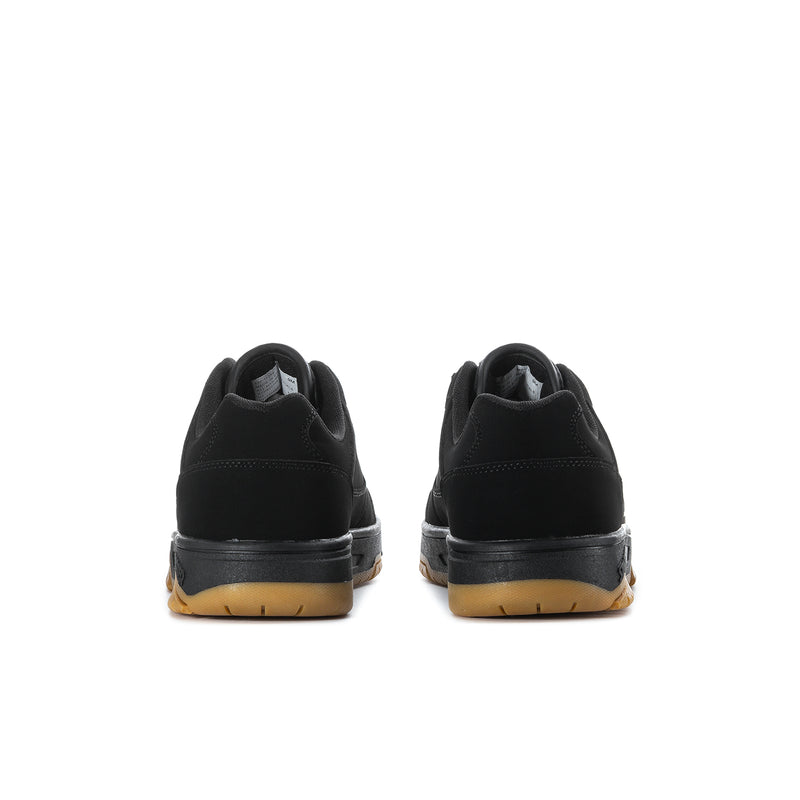 Men's black low-top sneakers with rear logo detail and gum outsole heel