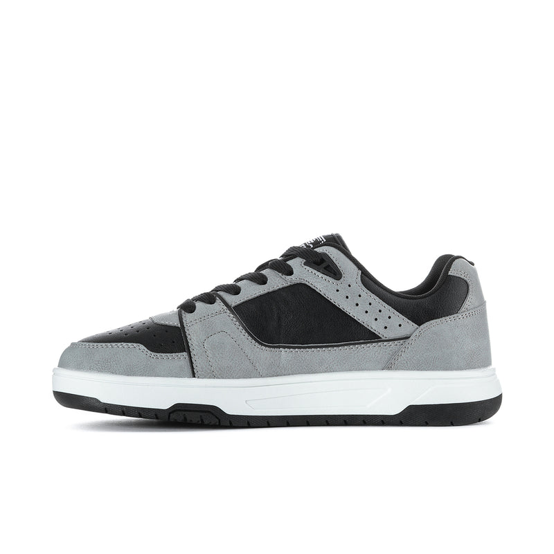 Men's grey and black low-top sneakers with perforated toe, lace-up, and star patch