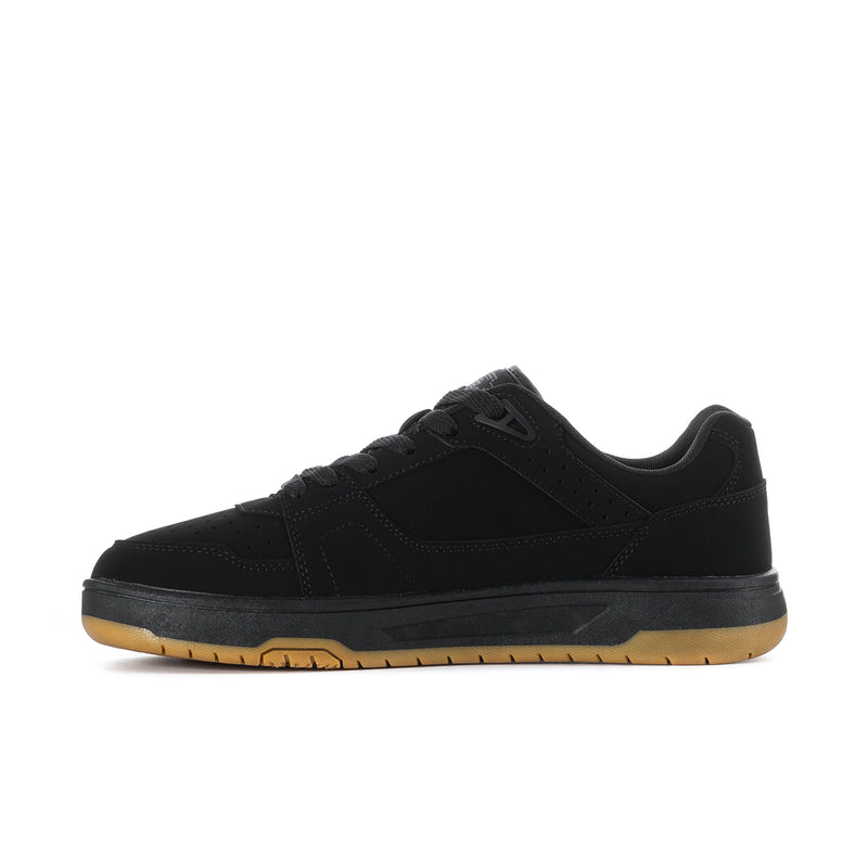 Men's black low-top sneakers with side panel details and gum rubber outsole