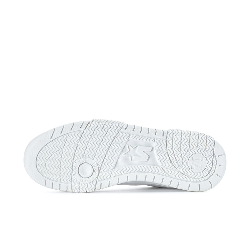 Men's white low-top sneaker outsole with traction tread and logo mark