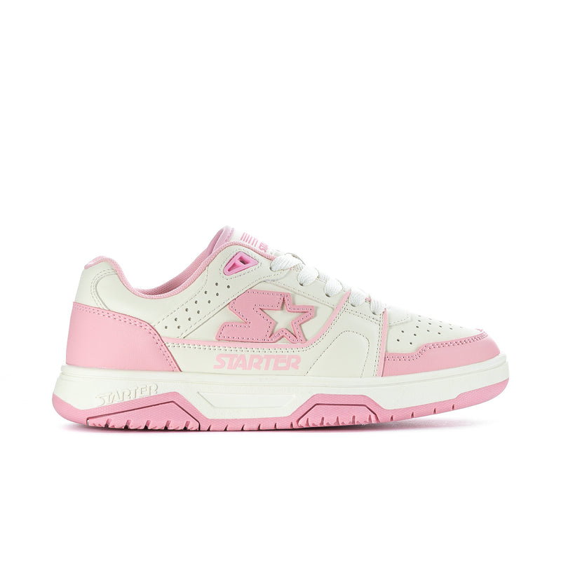 White and pink low-top sneaker with star patch, lace-up, and thick sole