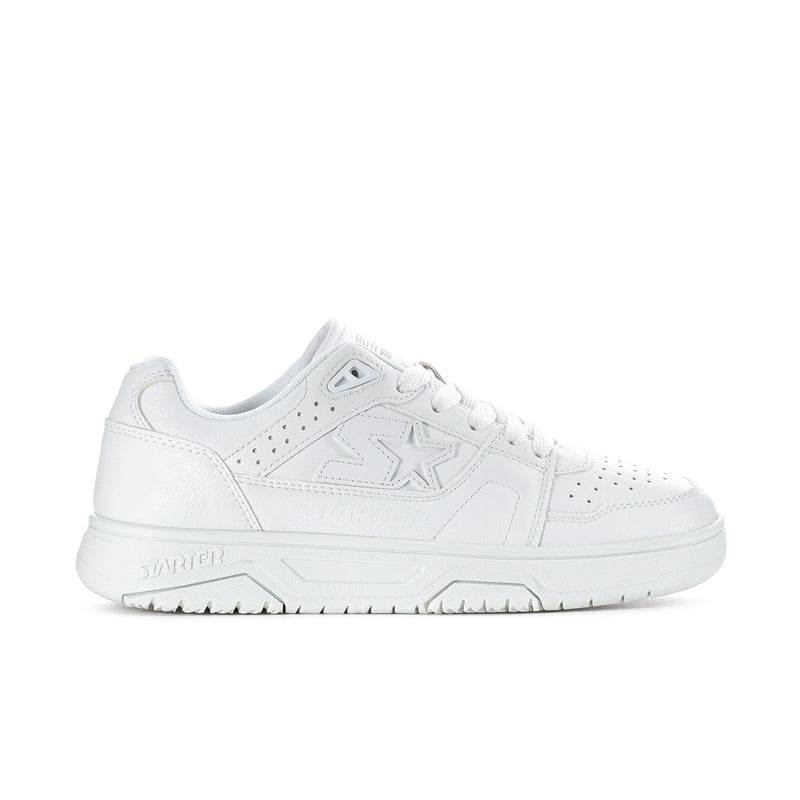 Women's white low-top sneakers, lace-up with perforated toe and padded collar