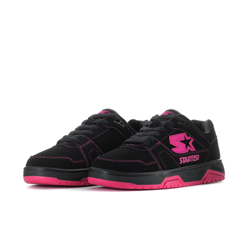 Pair of black fuchsia-accent low-top sneakers with lace-up and star side logos