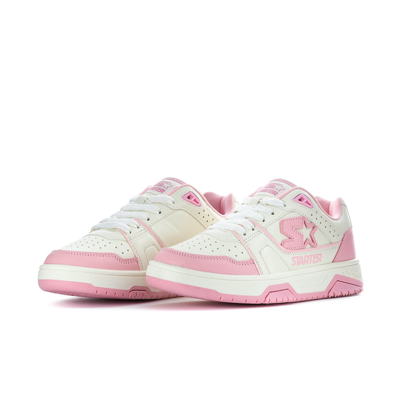Pair of white and pink lace-up sneakers with star graphic and pink outsole