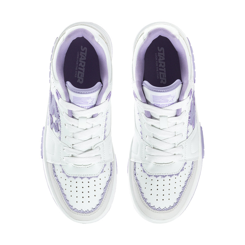 Pair of women's low-top sneakers showing white perforated panels and lavender lining