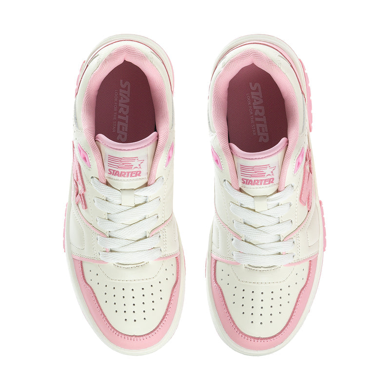 White low-top sneakers with pink lining and STAR and Starter branding on tongue