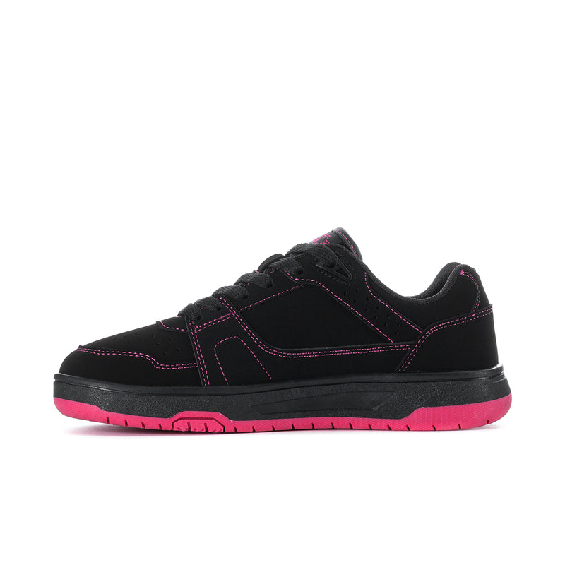 Black low-top sneakers with fuchsia stitching and star emblem, side view