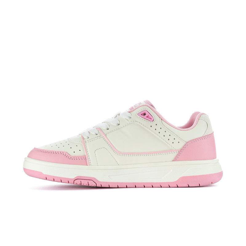 White leather-look low-top sneaker with pink panels and lace-up eyelets