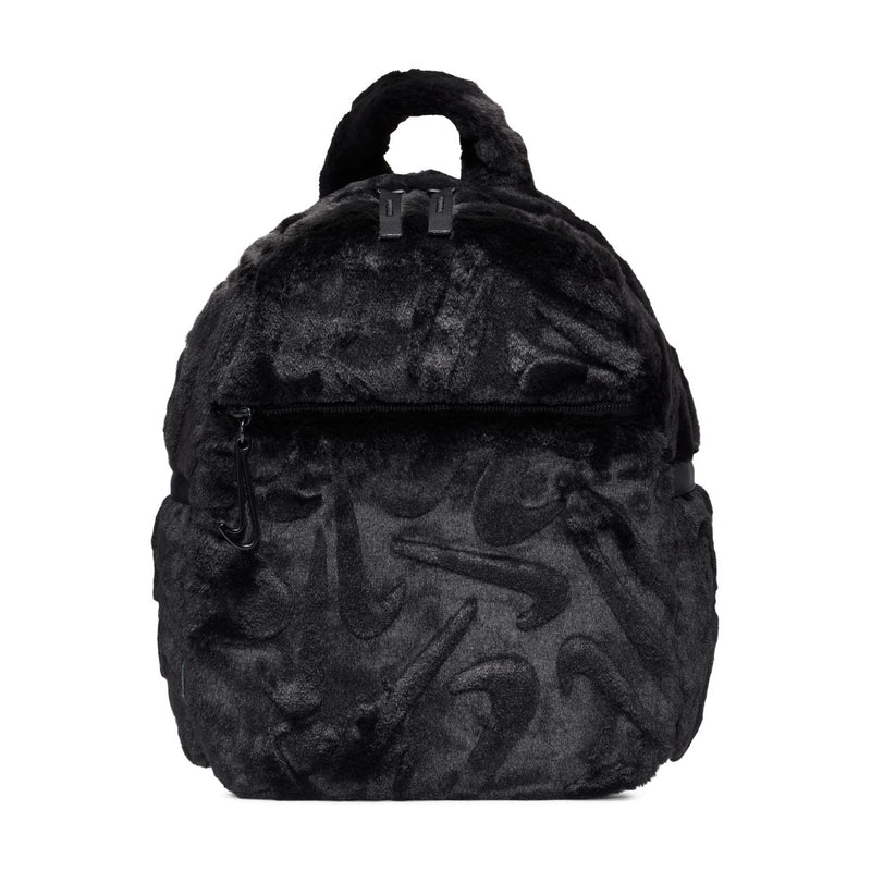 Black faux fur mini backpack with top handle and front zip pocket.