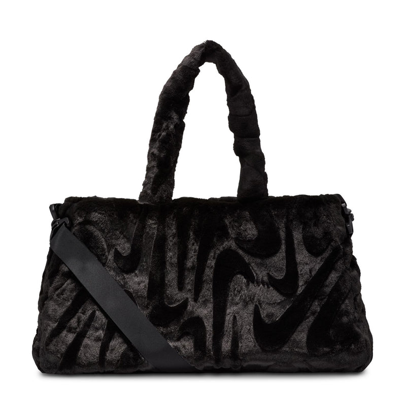 Black faux fur tote bag with top handles and diagonal front strap