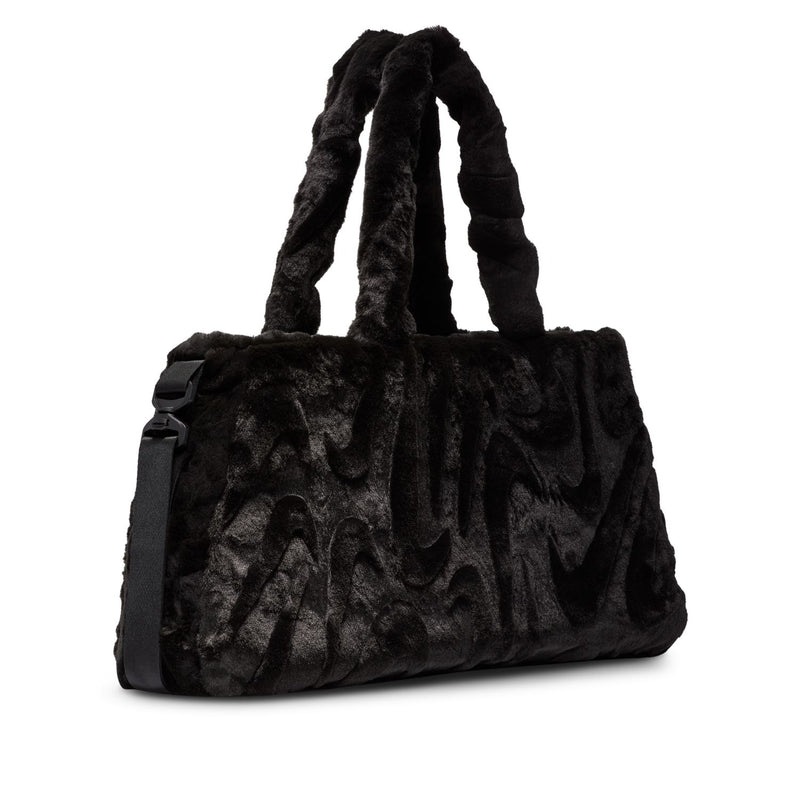Black faux fur tote bag with top handles and front buckle strap detail