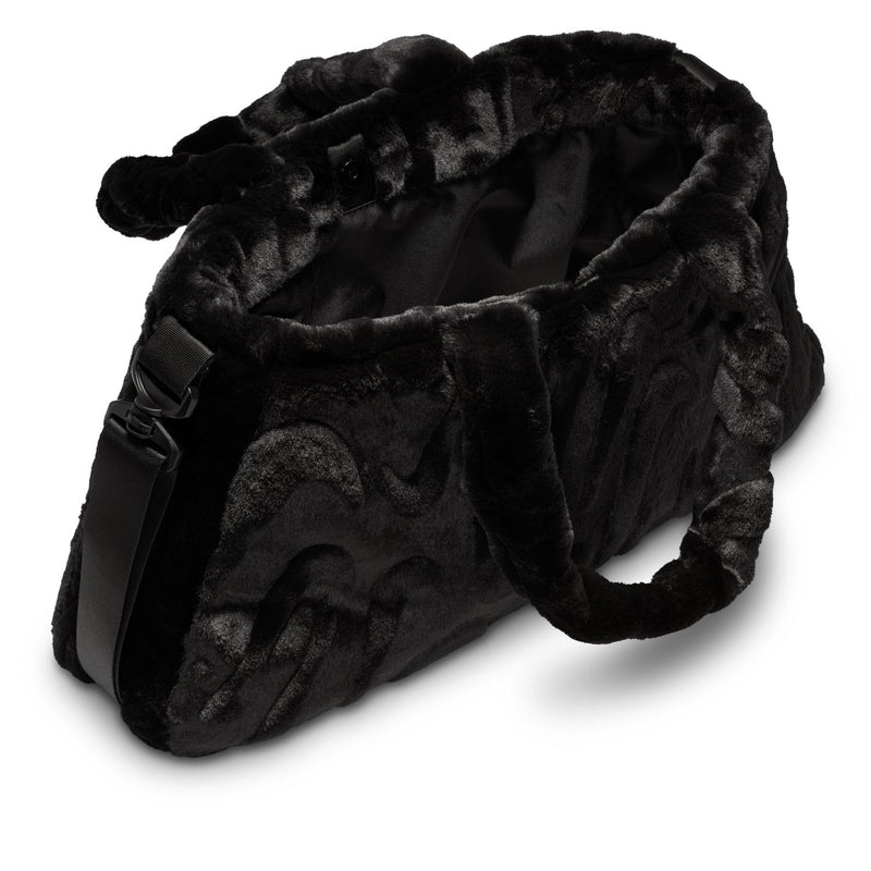 Black faux fur tote bag with top opening and side handle view