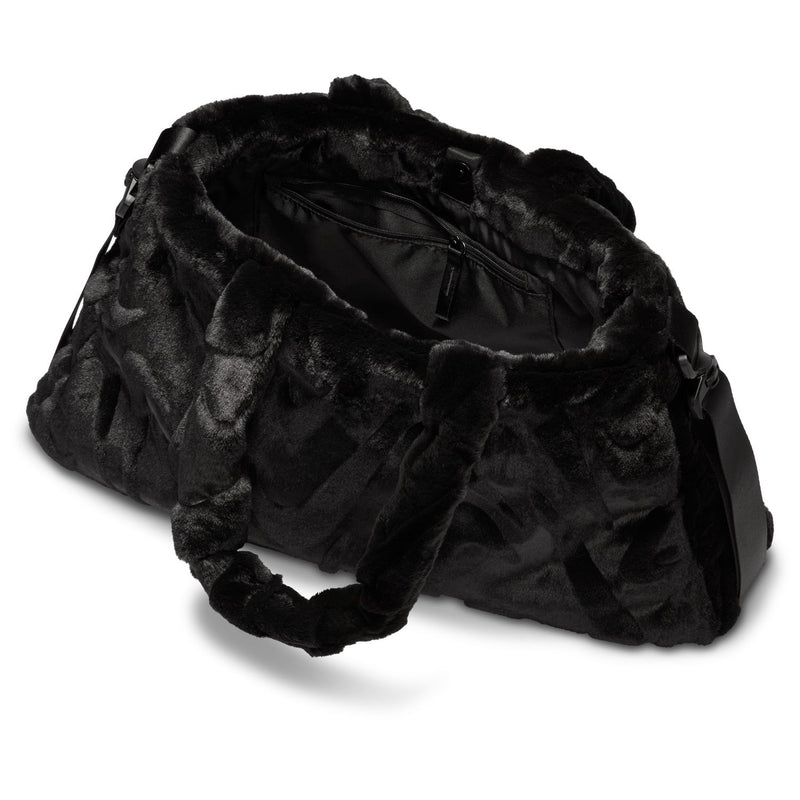 Black faux fur tote bag with visible satin-lined top opening