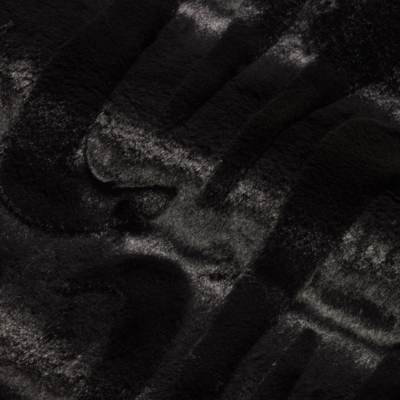 Close-up of black faux fur texture with subtle shiny highlights