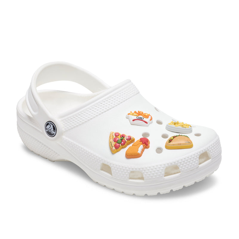 Five food-themed jibbitz on white clog: taco, pizza, curly fries, burger, hot dog