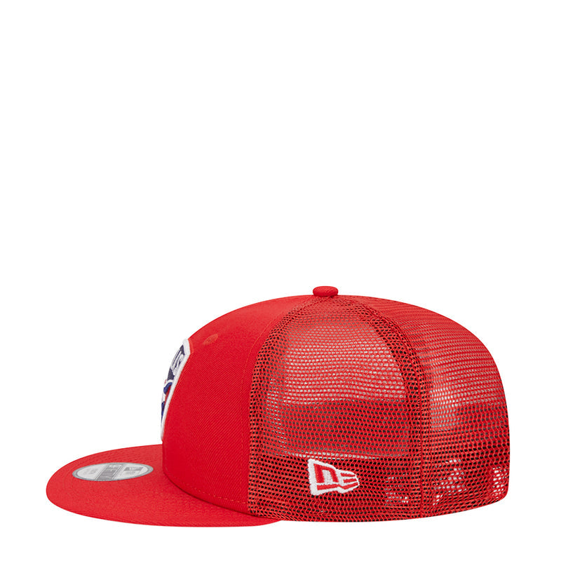Youth red mesh trucker cap with FC Dallas side logo and snapback