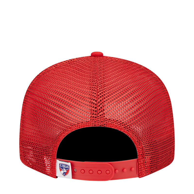 Youth red trucker cap with open back mesh and adjustable snap strap