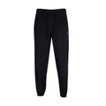 Black mens track pants with elastic cuffs and drawstring waist, purple side logo