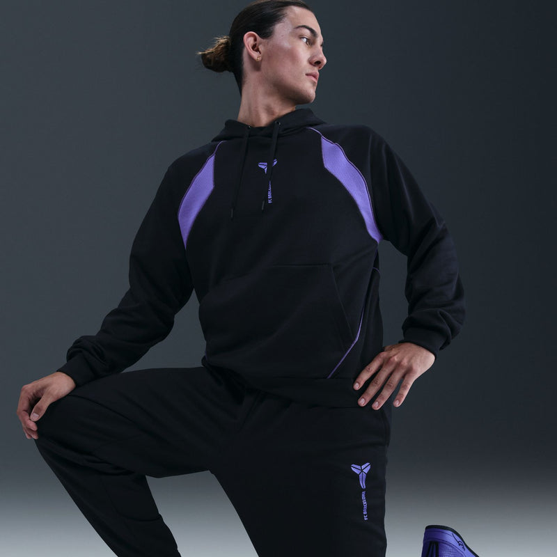 Black jogger pants with tapered leg and purple side emblem, elastic ankle cuffs