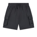 Youth cargo shorts in dark smoke grey, elastic waistband with drawstring, side cargo pockets