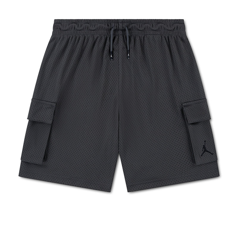 Youth cargo shorts in dark smoke grey, elastic waistband with drawstring, side cargo pockets