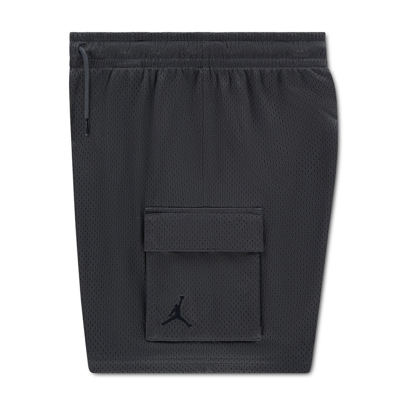 Youth cargo shorts in dark smoke grey, elastic waist, single back patch pocket with logo