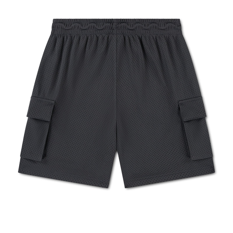 Youth cargo shorts in dark smoke grey, front cargo pockets with flap detail