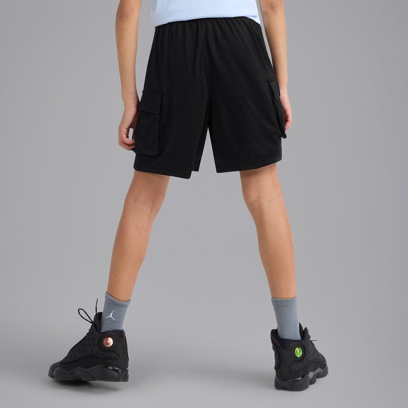 Youth black cargo shorts with two side cargo pockets and Jumpman logo