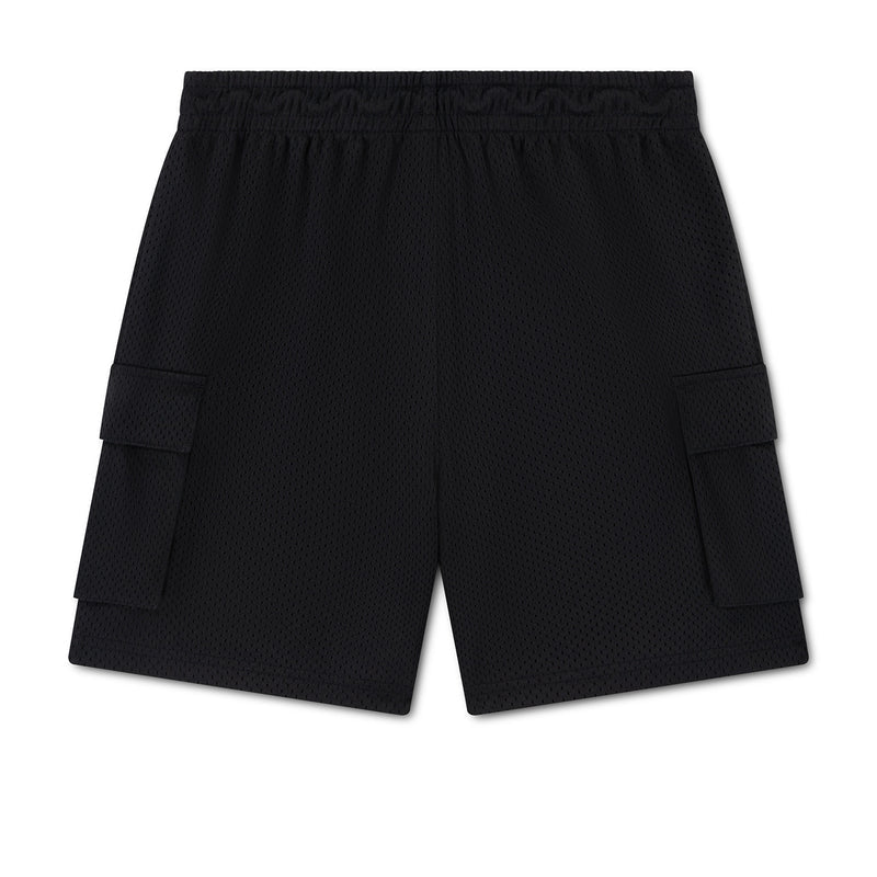 Youth black cargo shorts with elastic waistband and side cargo pockets