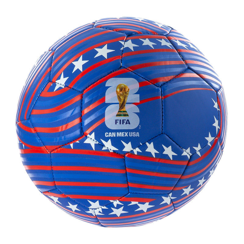 FIFA World Cup 2026 USA soccer ball, blue-red striped with star graphics and FIFA emblem