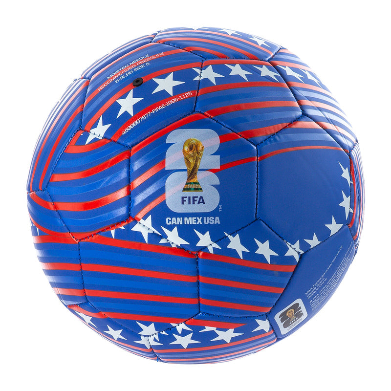 USA-themed FIFA World Cup 2026 soccer ball, blue-red stripes, stars, FIFA badge and valve