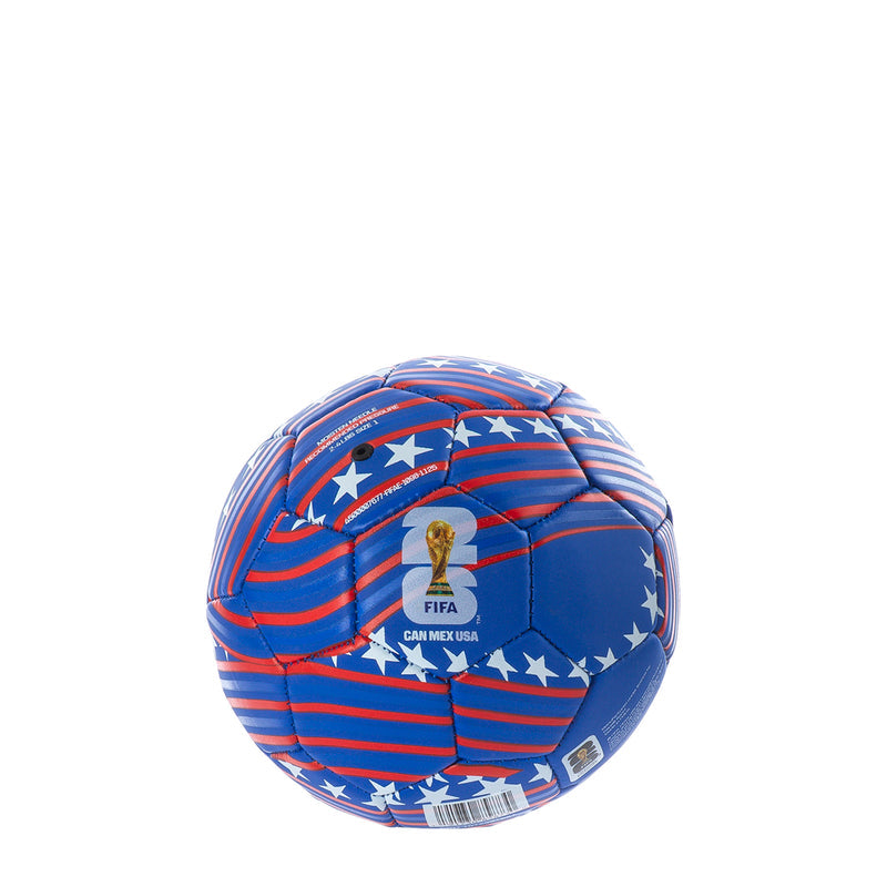 Blue mini soccer ball with red stripes, white stars, FIFA badge and 'CAN MEX USA' text.
