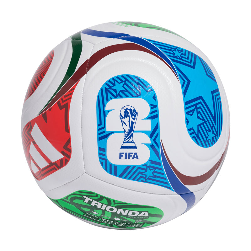 White training football with blue, red, and green geometric graphics and FIFA emblem.