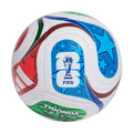 White training football with blue, red, and green geometric graphics and FIFA emblem.